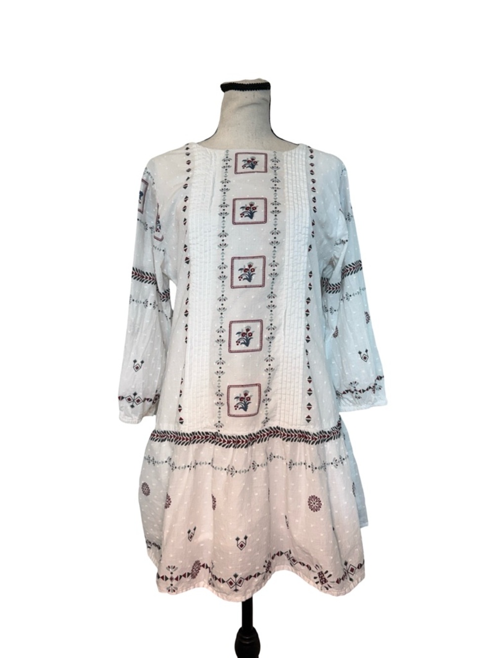 Bombay Paisley Medium White Embroidered Tunic Dress Boho Swiss Dot Open Back - Picture 2 of 14